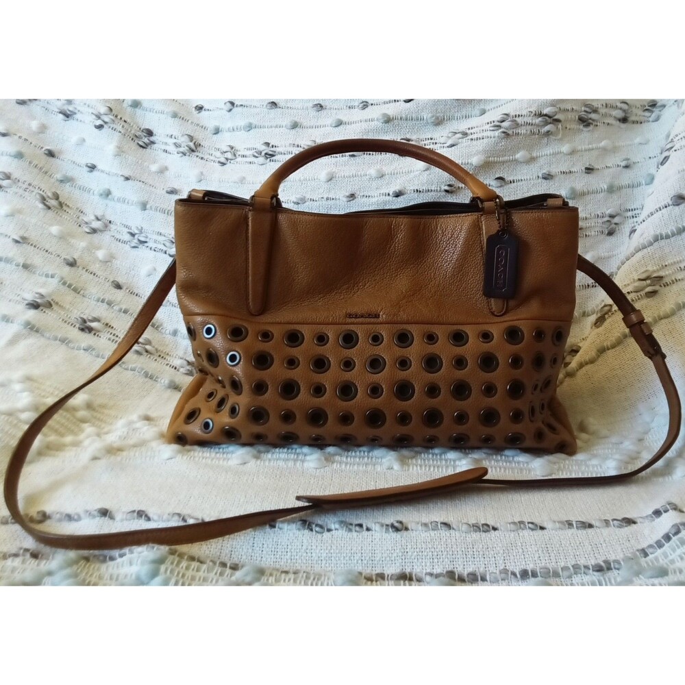 Coach Borough Grommets Satchel Handbag Camel Brown & Gunmetal Pebbled Leather